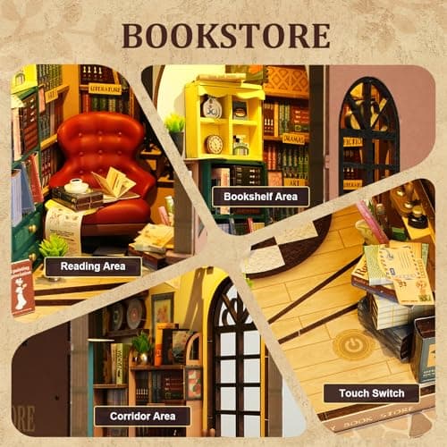 ROBOTIME Book Nook Kit avec Lumières LED, Booknook Puzzle 3D en Bois Livre Décoration de la Chambre Noël Anniversaire Cadeaux pour Filles Femme - Shakespeare's Bookstore