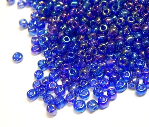 Lot de 3300 perles de rocaille en verre transparent de 3 mm - 8/0 - Perles poney - Mini perles rondes - Perles de rocaille brillantes (bleu roi AB)
