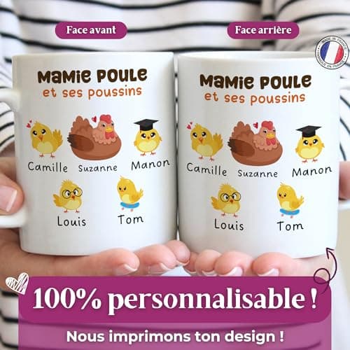 Cupdarling® Mug Mamie avec 1-8 Petits-Enfants Personnalisé - Mamie Poule - Tasse Cadeau Grand-Mère - Cadeau Fête Des Grand-Mères - Anniversaire Mamie - 330 mL Céramique - 4 Poussins