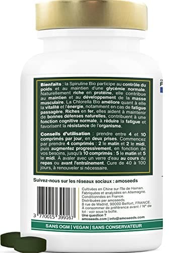 Spiruline et Chlorella BIO | 400 comprimés vegan de 500mg | 4500mg par jour | 17% Phycocyanine, Séchées à Froid | Détox, Anti-fatigue, Antioxydant | Qualité Supérieure