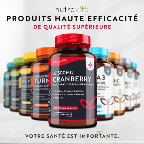 Canneberge Gélules Haute Résistance 37500 mg - 180 gélules Végan - Approvisionnement de 2 mois - Supplément d'Extrait de Canneberge Pur 50:1 - Fabriqué au Royaume-Uni par Nutravita