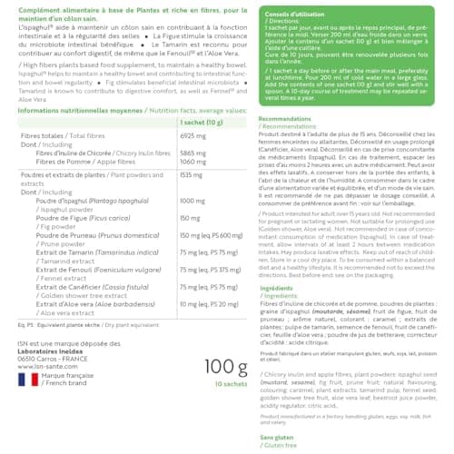 ISN - Detox Colon - Détoxifie naturellement & Purifie le Côlon - Soulage les Inconforts Intestinaux - Riche en Fibres et Plates - Sans Gluten - 10 sachets