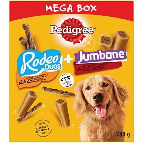 PEDIGREE MEGA BOX Récompenses - Mix Friandises Rodeo Duo 24 sticks & Jumbone 4 Os à Mâcher - 780g - Friandises Idéales pour Eduquer ou Faire Plaisir à son Chien