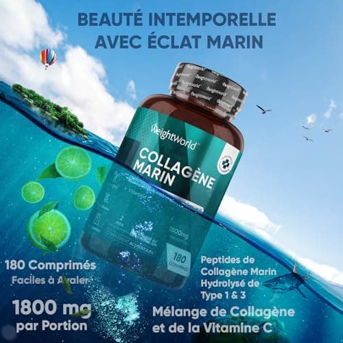COLLAGENE MARIN Type 1-3 + Vitamine C 180 Comprimés Purs & Naturels - Alternative aux Gellules Collagène Marin Hydrolysé - 1836mg Collagène & Vitamine C - Hydratation de la Peau, Os & Articulations