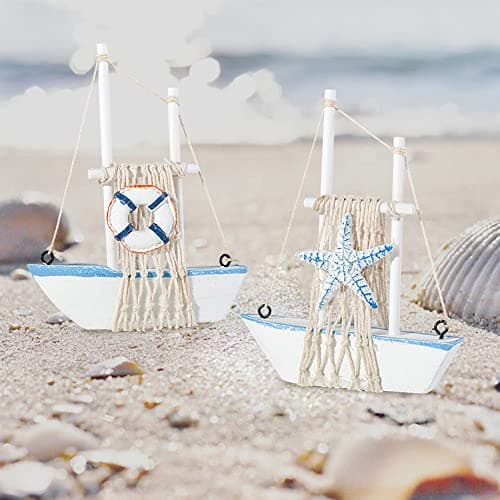 JAWSEU Modèle de Voilier en Bois, Mini Voilier Modèle Décoration Miniature Bateau à Voile Nautique Ornements de Voilier Petits Bateaux en Bois avec Filet Pêche Jouet de Marine Ornements de Table