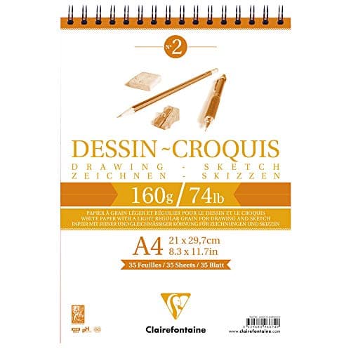 Clairefontaine 96674C Bloc Spiralé en-tête Papier Dessin Croquis - 35 Feuilles Papier Dessin au Grain Très Léger - A4 21x29,7 cm 160g - Idéal pour le Dessin et Croquis au Crayon, Feutre et Fusain
