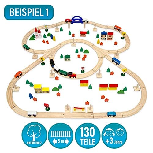 messefix Chemin de Fer en Bois de 130 pièces - Train de Jouets avec Rails de 5m