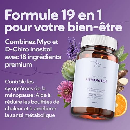 FEM Menositol 19-en-1, Gérer Menopause avec Inositol Myo & D-chiro, Isoflavones, Ashwagandha, Maintenir Santé Métabolique, Confort & bien-être pendant la ménopause, Sans hormones ni soja