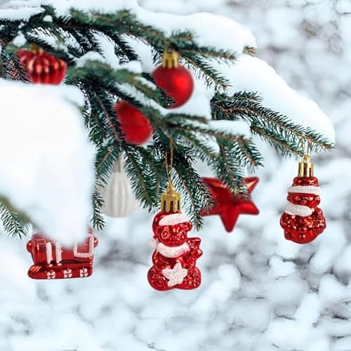 34 Boules de Noël avec Pointe d'arbre Set,Ø3/4.5/5.5cm Petites Boules de Noël en Plastique Rouge Blanc Boules Mini Noël Décoration de Table Sapin de Noël Décoration Ornements