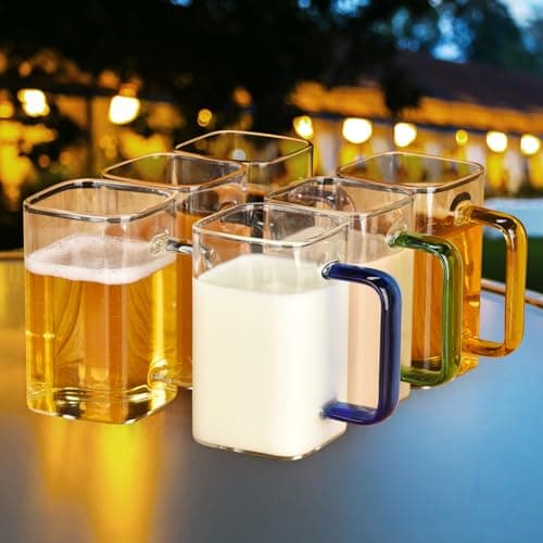 QHYK Verres transparents, Lot de 6 tasses, Verres à bouche carrée avec poignées colorées, 300ml, Parfaites pour à thé, jus, café, boisson, usage quotidien ou fête, restaurant, mariages