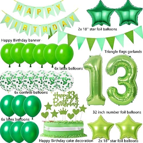 Ballons 13 ans anniversaire vert décoration, ballon 13 ans anniversaire garçon Decoration vert gâteau 13 ans garçon déco anniversaire 13 anniversaire garçon fille déco vert 13 ans garçon ballons