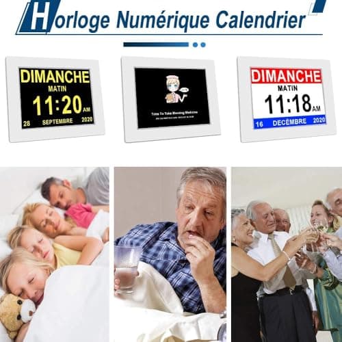 XAYKEN 7" Pouce LCD Horloge Numérique Calendrier avec Date Jour Et Heure Non-Abrégée Auto Dimming 8 Langues HD Display Rappel pour Alzheimer Les Personnes âgées et Les Enfants Noir