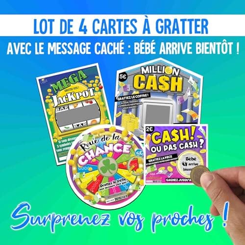 Carte à gratter Annonce Grossesse - bébé arrive bientôt ! (4 Cartes "Bébé arrive bientôt!" (Million cash, mega jackpot, Roue de la Chance, Cash ou pas Cash) !)