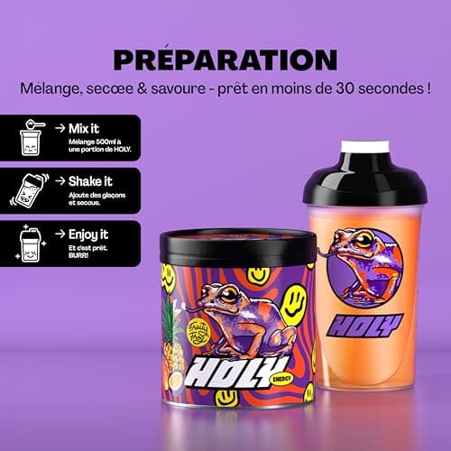 HOLY Energy Gaming Booster 'Fruity Frog' à la mangue, au fruit de la passion & à l'ananas en poudre| 50 portions avec NewCaff & extrait de thé vert | Vegan avec arômes de fruits 100% naturels
