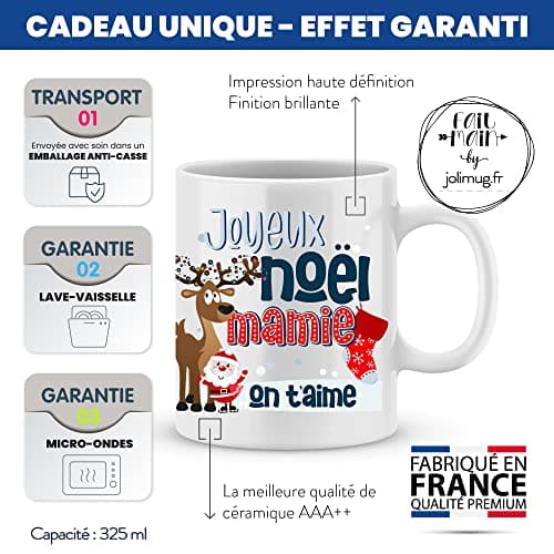 ÉNJA Création Cadeau NOËL - Mug MAMIE. Mamie/Tasse – Joyeux Noël - Cadeau fêtes de fin d'année personnalisé. Cadeau original. Céramique haute qualité 11oz - 320 ML (MAMIE)