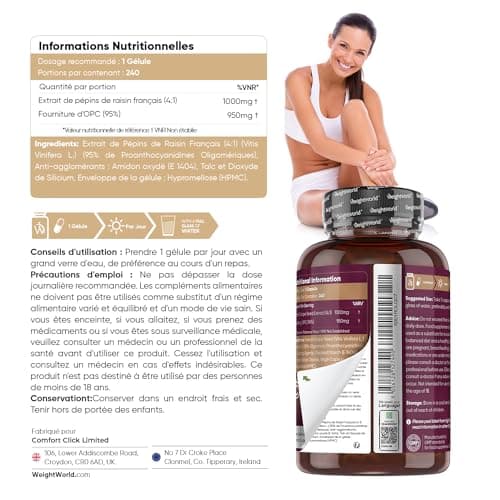 OPC Extrait de Pépins de Raisin Naturel Français 1000mg (French Grapeseed Extract) - 240 Gélules Vegan (8 Mois) - 95% OPC Forte (Vitis vinifera L.) - Polyphénols Concentré Avec Antioxydant Puissant