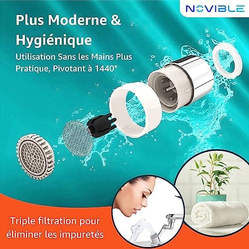 NOVIBLE - Rallonge Robinet Magique Pivotant 1440° - Mousseur Robinet en Laiton avec Douchette pour Cuisine et Salle de Bain - Extension de Robinet Multifonction Rotatif