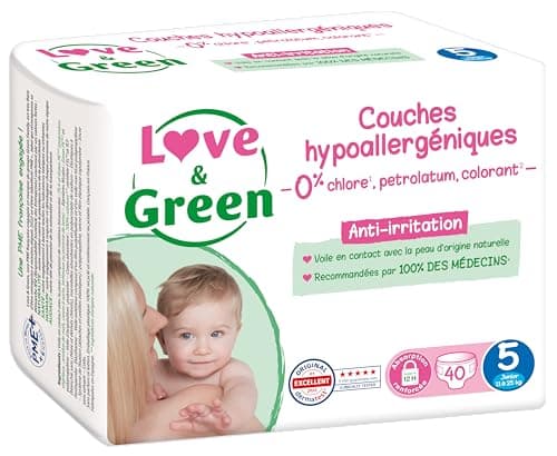 Love & Green - Couches Bébé Saines et Ecologiques - Taille 5 (11-25 Kg) - Pack 1 Mois (160 Couches) - Absorbante, anti-fuites et sans ingrédients indésirables