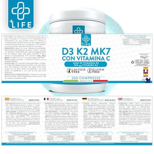 Vitamine D3 K2 Mk7 Avec Vitamine C 200 Comprimés Piulife® Vitamine D 2000 UI, Vitamine K2 200mcg, Vit C 125mg, Vitamines Pour Les Os Dents, Immunité Adulte, Boost Energie, D3 K2 Naturelle
