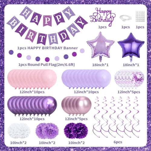 Décorations d'anniversaire violettes pour femmes et filles, bannière d'anniversaire violette, ballons à pompon, décorations d'anniversaire avec guirlande, kit de ballons violets pour la fête