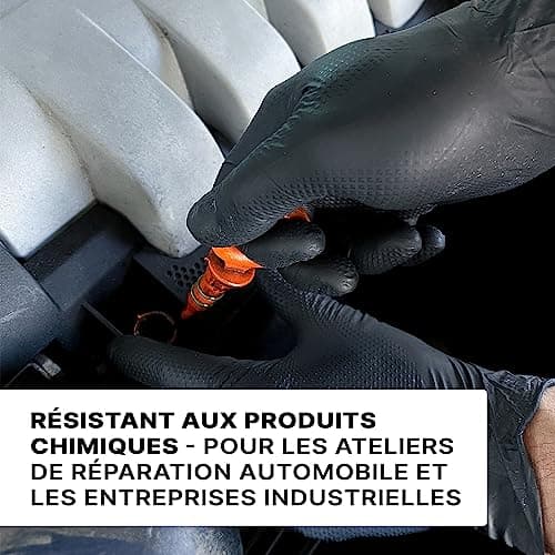 PROGRIP Gants jetables, Gants nitrile extra forts, Gant nitrile noir L, 2x plus épais, Gant noir avec structure diamant, Gants mecanicien extra-résistants, 50 pcs/boîte, gants nitrile M, L, XL, XXL