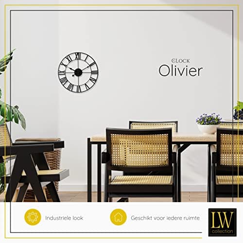 LW Collection Horloge Murale Olivier Noir 40 cm - Grande Horloge Murale avec Chiffres Romains - Horloge Murale Industrielle Silencieuse Moderne - Horloge Silencieuse
