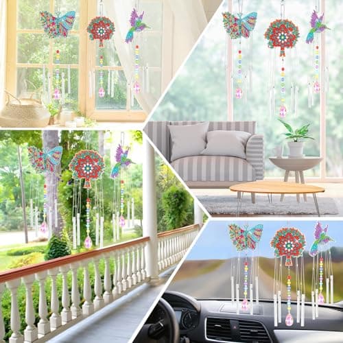 3 Pcs Diamond Painting Carillon à Vent, Diamant Peinture Carillon à Vent Deux Faces, DIY Peinture Diamant Pendentif, Diamond Painting Wind Chime pour Fenêtres, Patio, Jardin