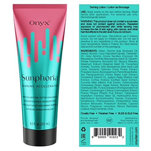 Onyx Sunphoria Solarium Crème sans autobronzant – Crème solaire avec accélérateur de bronzage – Hydratation extrême avec extrait de pêche pour hydrater la peau