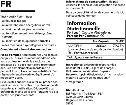 TRU NIAGEN │ Suppléments de nicotinamide riboside NAD+ pour réduire l'épuisement et la fatigue, formule brevetée NR, 90 pièces, 300 mg par portion (3 mois / 1 bouteille)