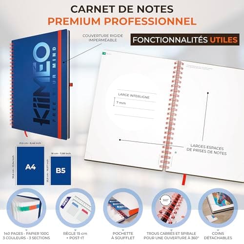 KIIMEO - Le 1er Carnet de Notes Professionnel et Thématique - Bullet Journal Premium Innovant - Conseils & Articles sur la Gestion du Temps- 140 pages + 1 page effaçable - Feutre fourni