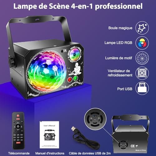 Lampe de Scène 4 en 1, Fwiull Lumière Disco avec Télécommande et Stroboscope, 65 Effets Lumineux RGB UV, USB Lumineux Boule Disco Musique Commande Vocale, Idéal Lumiere pour Soirée, Fête, Karaoké,Noël