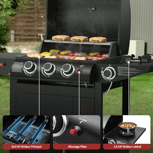 Royal Gourmet Barbecue Gaz à 3+1 Brûleurs en Acier Inoxydable, Gril à Gaz sur Chariot de Puissance 11,5 KW avec Tablette et Thermomètre, 2 Roues et 1 Porte, Adapté pour Jardin et Extérieure, Noir
