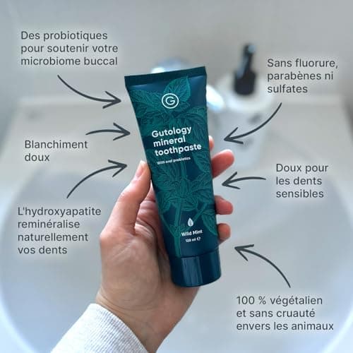 Gutology Dentifrice probiotique naturel, 120 ml, sans fluor, à l'hydroxyapatite, reminéralisant, pour adultes et enfants, aide les dents sensibles et blanchit, goût menthe sauvage