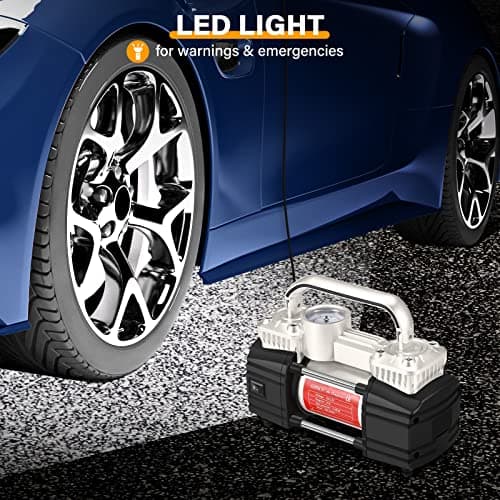 GSPSCN Argent Compresseur d'air portatif Pompe Voiture, Gonflage pneus Voiture portable à double cylindre 12V robuste 150PSI Gonfleur de pneu Heavy Duty Electrique Voiture, SUV, camping-car, balles
