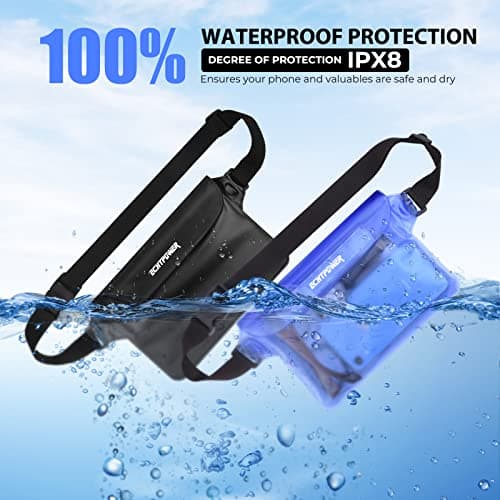 ECHTPower Sac étanche Etui Pochette Imperméable avec Sangle Réglable, Protéger Téléphone/Argent/Carte/Clé, Idéal pour Natation, Rafting, Kayak, Canotage, Camping, Pêche - 2 Pack (Bleu et Noir)