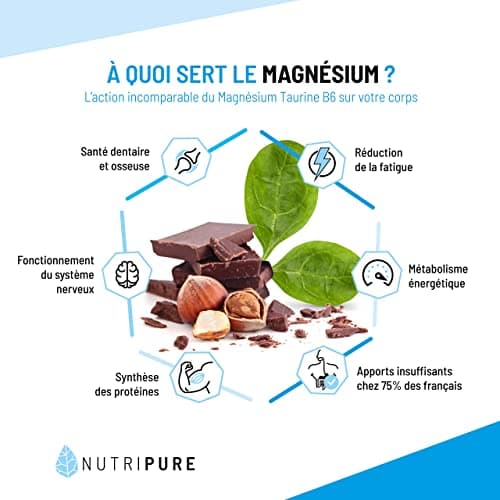 Nutripure | Magnésium Bisglycinate + Taurine & Vitamine B6 | Haute Absorption & Concentration | Anti-Fatigue | 100% Vegan | 60 gélules végétales | Cure de 1 mois | Made in France