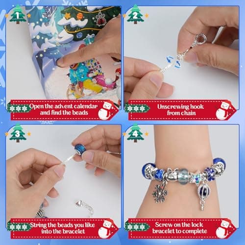Calendrier de l'avent Bijoux, Calendrier de l'Avent 2024 Enfant Fille, DIY Calendrier de Noël Charms Bracelet Kit Fabrication Creation, Calendrier de l'avent Enfant, Cadeaux de Noël 5-13 Ans, Bleu