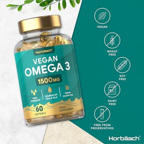 Omega 3 Vegan 1500 mg | Dérivé Huile d'Algues | Source de DHA et d'ALA | 60 Gélules Végétaliennes | de Horbaach