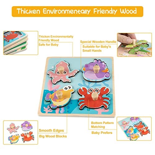 Funsland Puzzle Bois Bebe, 4 Pièces Puzzle en Bois Enfant À Puzzle Encastrement de Animaux, Fruits, Animaux Marins, Jouet Éducatif, Montessori Jouets Cadeaux pour Bebe 1 2 3 an