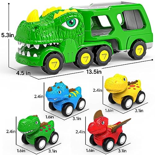 ENJSD Camion Dinosaure Jouet pour Enfant de 3 4 5 Ans, 5 en 1 T-Rex Camion Transporteur Voiture avec Lumières et Sons, Jeux pour Garcon Fille 3 à 5 Ans, Cadeau Noel Enfant de 3-5 Ans(Vert)