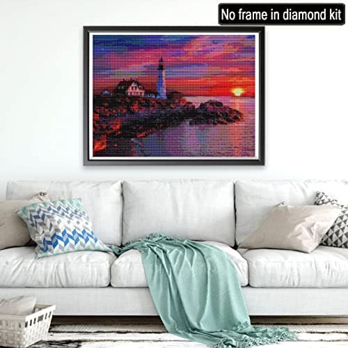 Showker 5D Kit Complet de Broderie Diamant Phare - Peinture Diamant Coucher De Soleil Rond Point de Croix - Décoration Murale pour Chambre, DIY Diamond Painting Maison 30x40cm