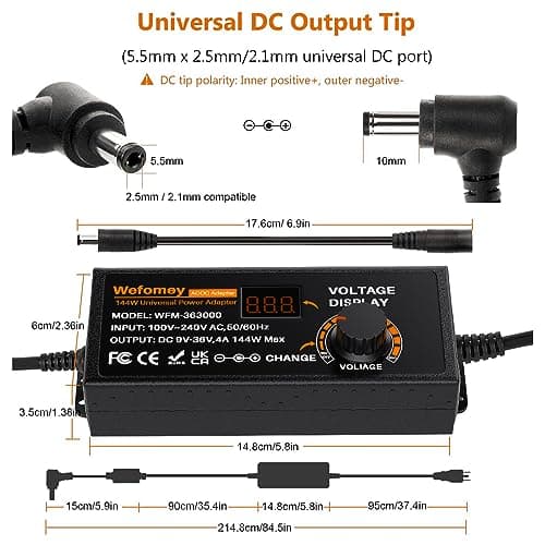 9~36V 4A 144W Adaptateur Alimentation Réglable, Adaptateur Secteur Universel Convertisseur, 100V-240V AC à DC 4A avec 14 Connecteurs, pour électroniques Ménagers 9V~36V et la Bande LED, 4000mA Max