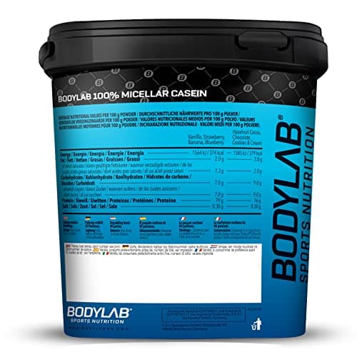 Bodylab24 Casein Micellar Fraise 1750g, 100% caséine pure, riche en acides aminés BCAA, longue sensation de satiété, favorise la construction musculaire, idéal pendant un régime protéiné