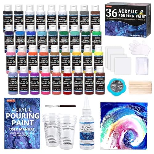 Shuttle Art Kit Peinture Pouring Acrylique (60ml), 36 Couleurs Acrylique Fluide Pré-Mélangée avec Huile de Silicone, Peinture à Couler pour Toile,Papier,Bois,Roche,Statue