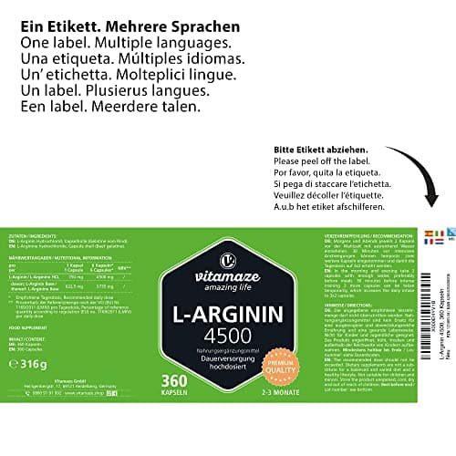 L-Arginine 4.500 mg Fort pour les Sportifs - 360 Gélules (3 Mois) - Performance Physique - Supplément d'Arginine Pure et Naturelle sans Additifs Inutiles