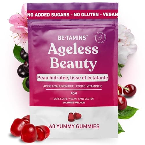 Beauty Gummies Acide Hyaluronique Sans Sucre et Q10 Coenzyme, Vitamine C Açai - Hydratation Anti-âge Élasticité et Brillance pour votre Peau - Avec Antioxydants Naturels 60 Gummies Vitamine