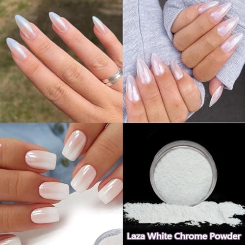Laza Mermaid Pearl Chrome Nail Powder, Glazed Donut Metallic Mirror Effect Pigment, Iridescent Aurora Nail Glitter Holographic Fairy Dust Gel Nail Art Supplies Nail Techs, Resin Craft – Pearl White
