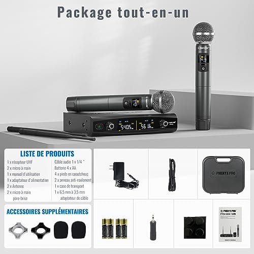 Phenyx Pro Système de Microphones sans Fil avec étui, Ensemble de Microphones sans Fil à Main pour Le Chant, Le karaoké, l'église, 2x30 fréquences UHF réglables, portée de 200 Pieds (PTU-52)