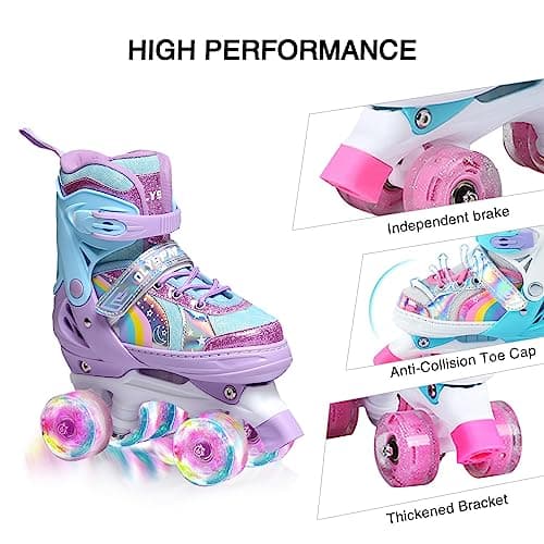 OLYSPM Patins à roulettes pour Enfants, 8 Roues Lumineuses et 4 Tailles réglables, Patins à Quatre Roues avec Sac de Rangement, Patins à roulettes à Double rangée pour Filles, garçons et débutants