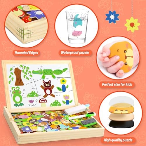 COOLJOY Puzzles en Bois Magnétique, 100+ Pièces Motif Animal Jigsaw avec Tableau Noir de Chevalet à Double Face Jouets Educatif pour Bambin Enfants Fille 3+ Ans